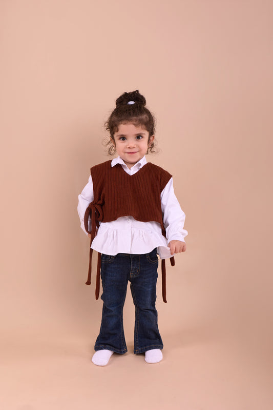 Brown Knit Vest and White Shirt Set