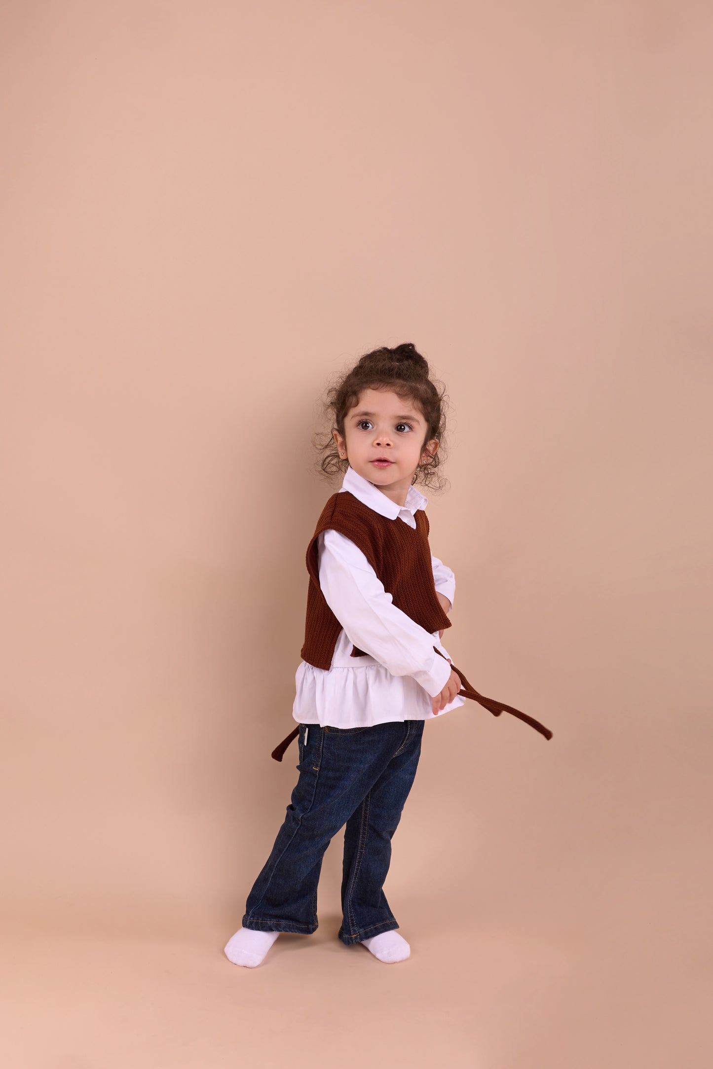 Brown Knit Vest and White Shirt Set